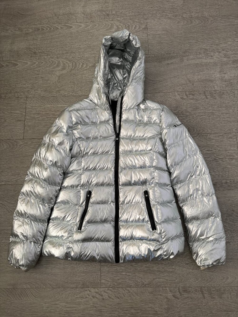 Champion Metallic Silver Hooded Puffer Jacket Womens Medium